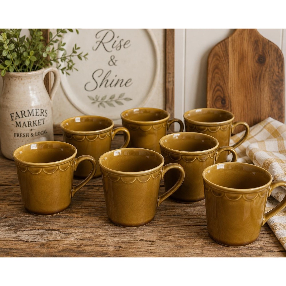 VTG Homer Laughlin Golden Harvest Coffee Mugs Set of 7 Stoneware Mid Century